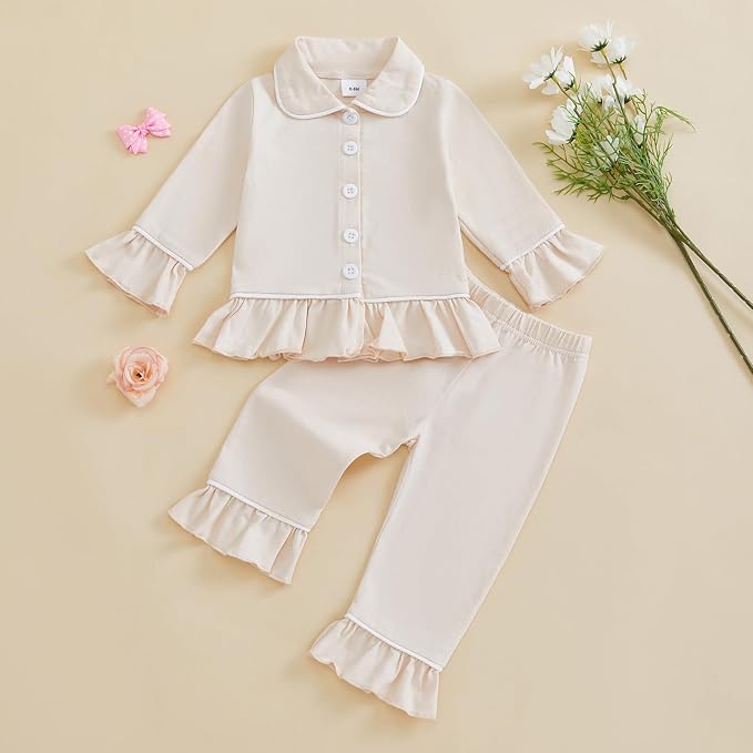 fhutpw Toddler Kids Baby Girl Pajamas Set Solid Color Ruffle Long Sleeve Button - Image 2