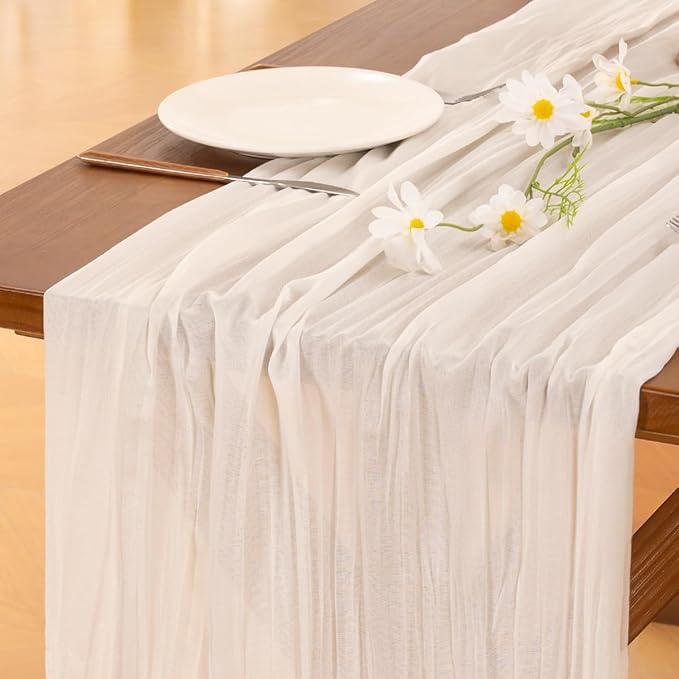 Socomi Ivory White Table Runner Spring Easter Cheesecloth Table Runner 170 inch - Image 3