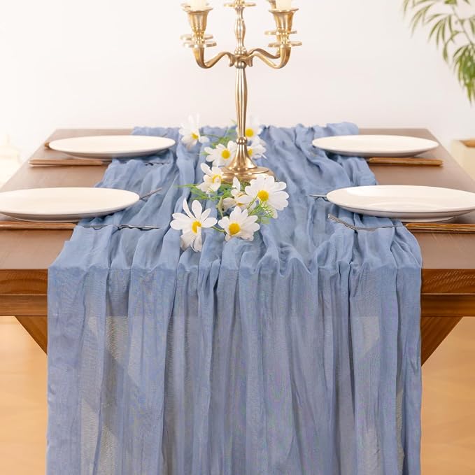 Socomi Dusty Blue Table Runner Spring Easter Cheesecloth Table Runner 170 inch - Image 6