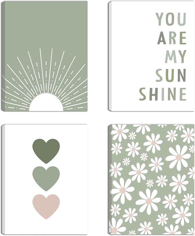 Boho Wall Art Set of 4 Sage Green Nursery Wall Decor You Are My Sunshine Canvas by Unknown