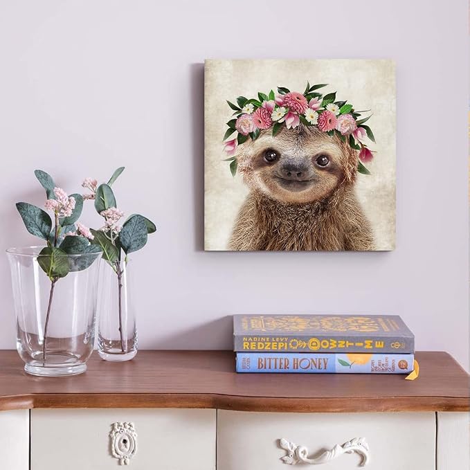 Oridomy Funny Sloth Wall Art Rustic Country Animal Canvas Print Sloth Wearing a - Image 4