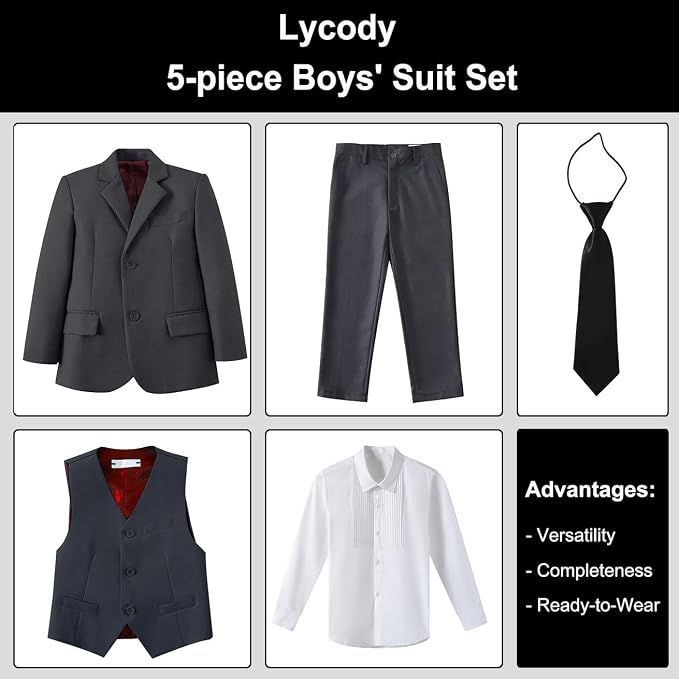 Boys Suit for Kids Teens Formal 5 Piece Tuxedo Suit Set - Image 2