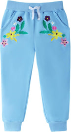 HILEELANG Girls Cotton Joggers Sweatpants Embroidery Drawstring Waist Pockets - Image 4