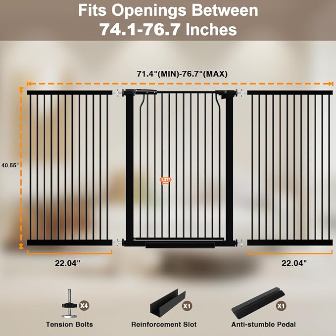 40.55" Walk Through Extra Tall Wide Baby Gates, 74.1"-76.7" Black Pressure - Image 2