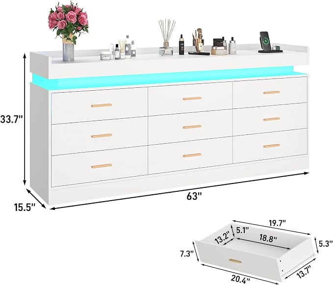 9 Drawer Dresser with LED Light and Charging Station, Wide Drawer Organizer - Image 2