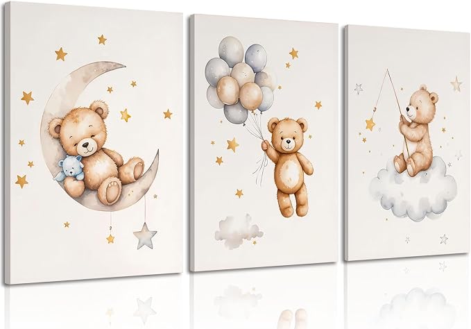 3 Pcs Framed Teddy Bear Nursery Canvas Wall Art Bear Sleeping on The Moon and by ZDMFLTPPWallart