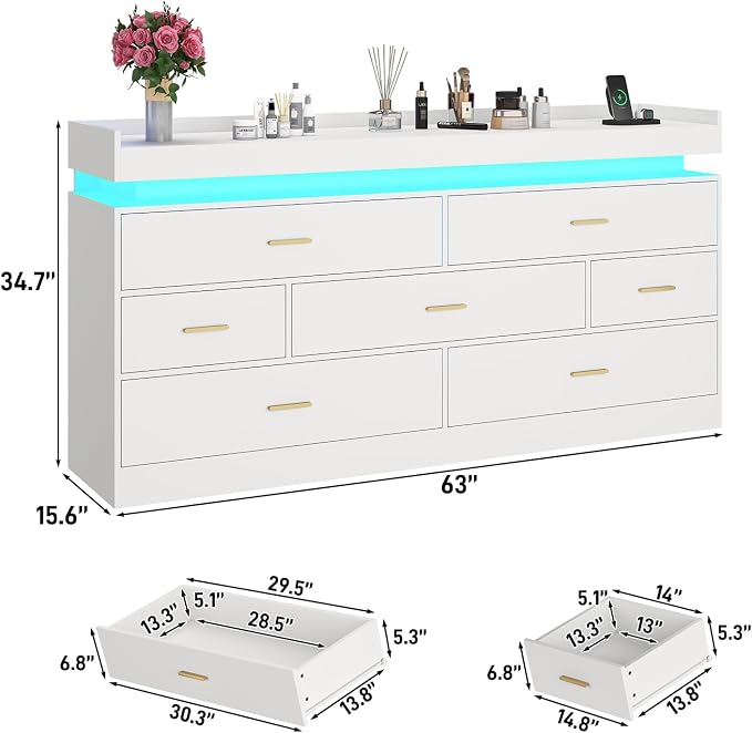 7 Drawer Dresser with LED Light and Charging Station, Wide Drawer Organizer - Image 2