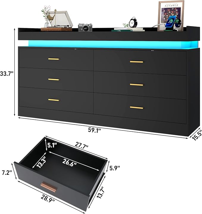 6 Drawer Dresser with LED Light and Charging Station, Wide Drawer Organizer - Image 3