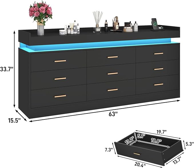 9 Drawer Dresser with LED Light and Charging Station, Wide Drawer Organizer - Image 2