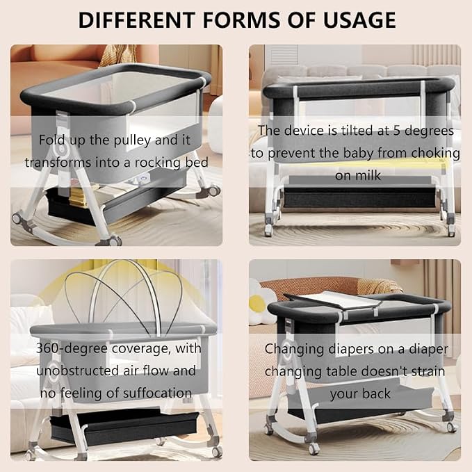 Baby Bassinet, 3 in 1 Baby Bassinets Bedside Sleeper - Image 3