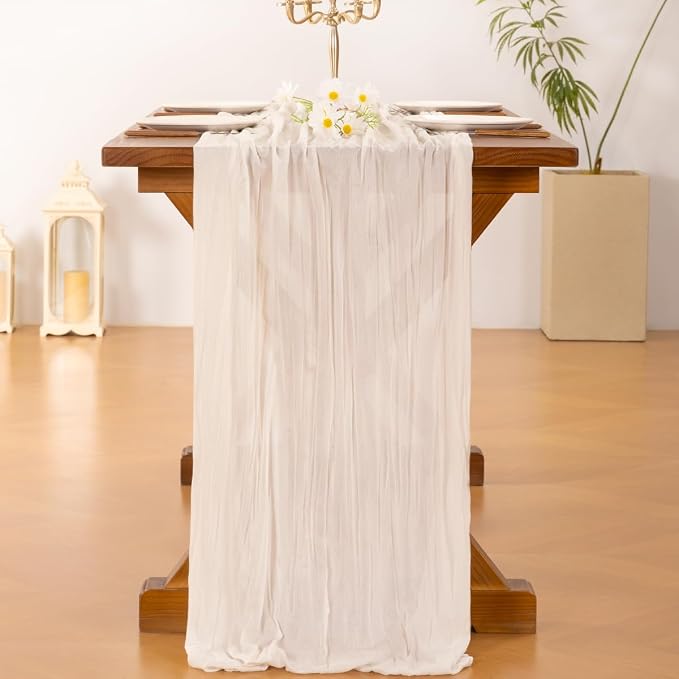 Socomi Ivory White Table Runner Spring Easter Cheesecloth Table Runner 170 inch - Image 4