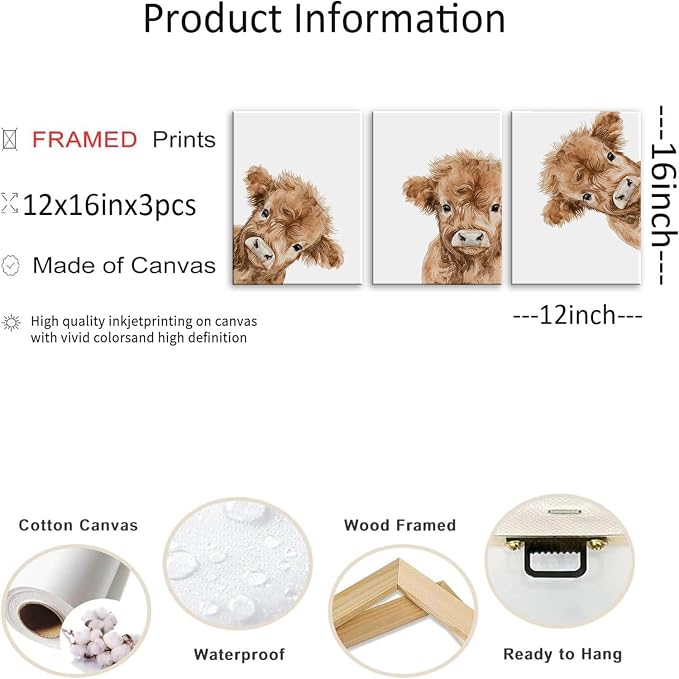AOYUSMO 3 Piece Cute Highland Cow Canvas Wall Art Nursery Funny Animal Framed - Image 6