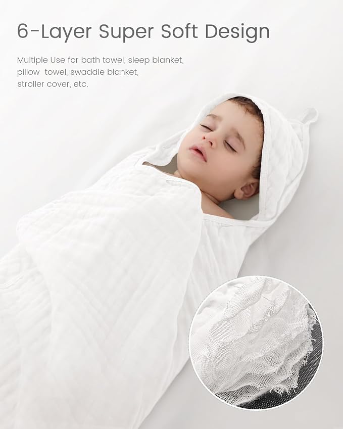 Newborn Hooded Baby Towels, 35x35 Inch 2 Pack 100% Muslin Cotton Baby Bath Towel - Image 4