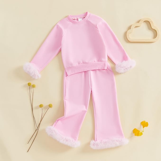 fyclemt Toddler Baby Girl Satin Pajama Set Feather Trim Long Sleeve Button - Image 4