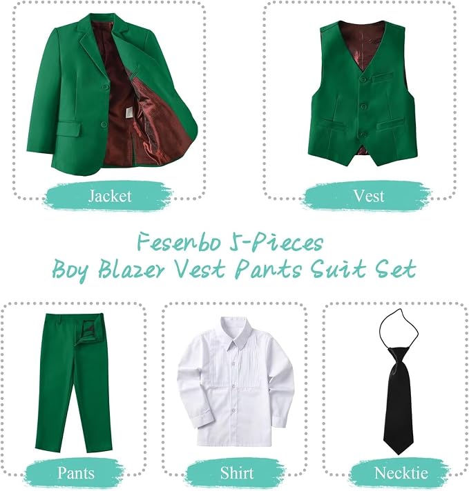 Boy's Suit Formal Slim Fit 5 Pieces Suit Set Blazer Vest Pants - Image 2