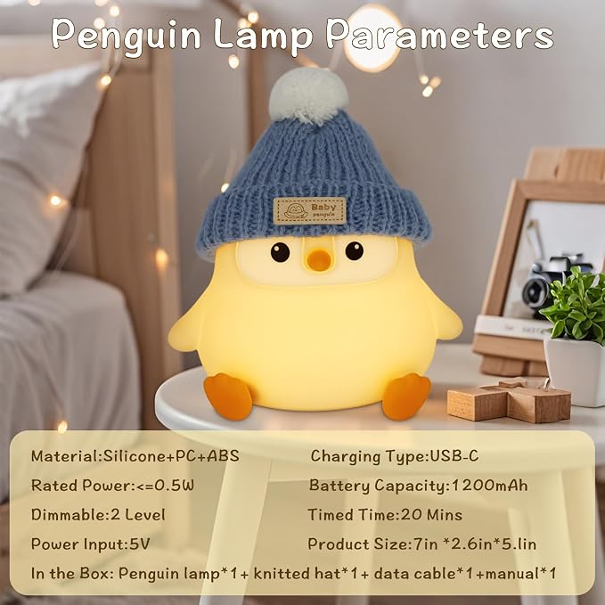 Penguin Lamp with Knit Hat, Kawaii Penguin Night Light, Food Grade Silicone - Image 8