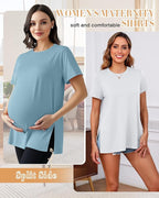 Ficerd 3 Pack Women's Maternity T Shirts, Short Sleeve Side Split Pregnancy - Image 2