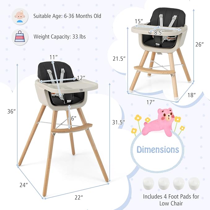 BABY JOY Baby High Chair, 3-in-1 Convertible Wooden Highchair - Image 6