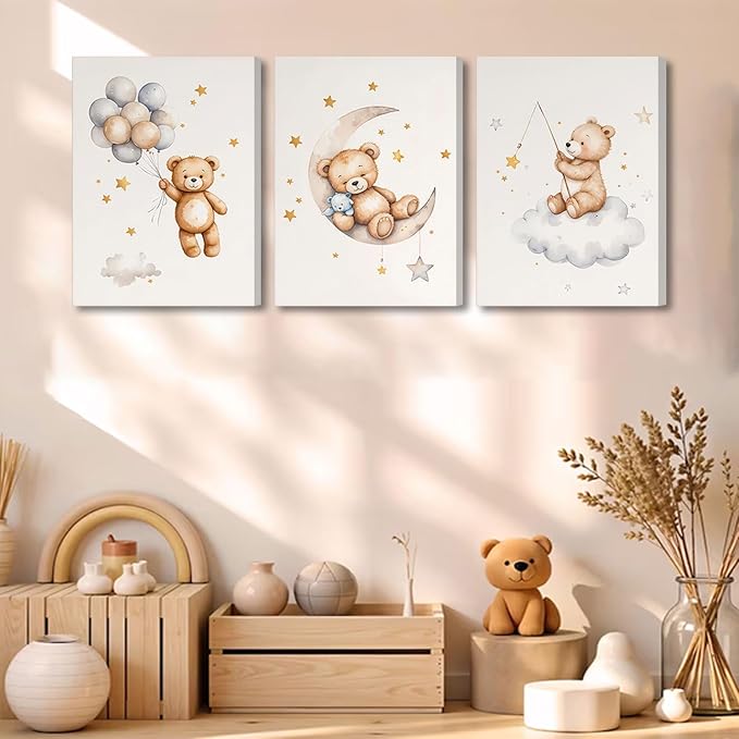 3 Pcs Framed Teddy Bear Nursery Canvas Wall Art Bear Sleeping on The Moon and - Image 2
