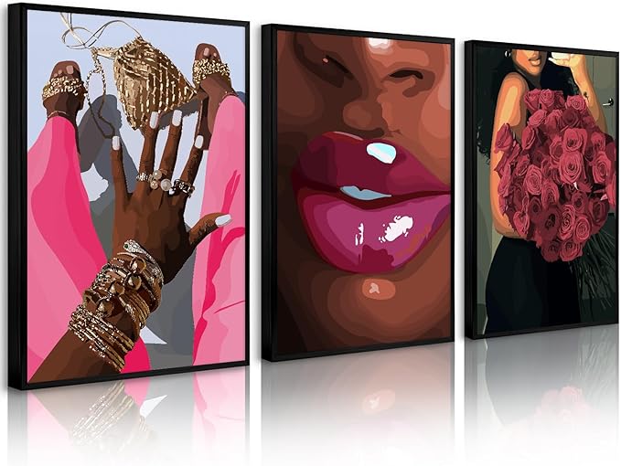 Black Girl Wall Art African Woman Canvas Wall Decor Pink Black Women People Art by Unknown