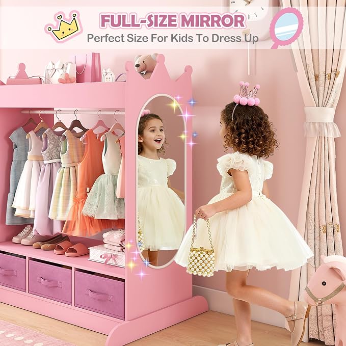 Kids Dress Up Storage with Mirror and Drawers, Kid Armoire Dresser, Pretend - Image 3