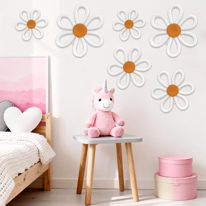 6 Pcs Boho Nursery Decor, Woven Macrame Daisy Flower Wall Hanging in 3 Sizes - Image 6