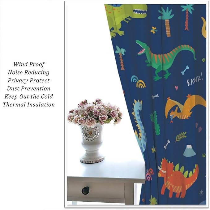 Funny Dinosaur Blackout Curtains Colorful Cartoon Animals Dino Tropical Plant - Image 2