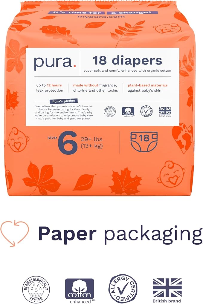 Pura Size 6 Eco-Friendly Diapers Hypoallergenic, Soft Organic Cotton, - Image 2