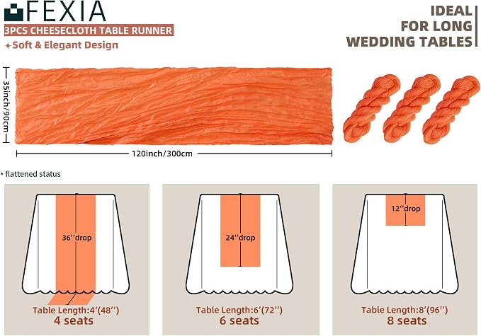 FEXIA 3 Pack Orange Fall Table Runner 35x120 Inches - Image 2