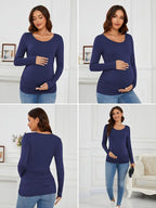 Ecavus Women's Maternity Shirts Long Sleeve Soft Stretchy Pregnancy Tops Side - Image 5
