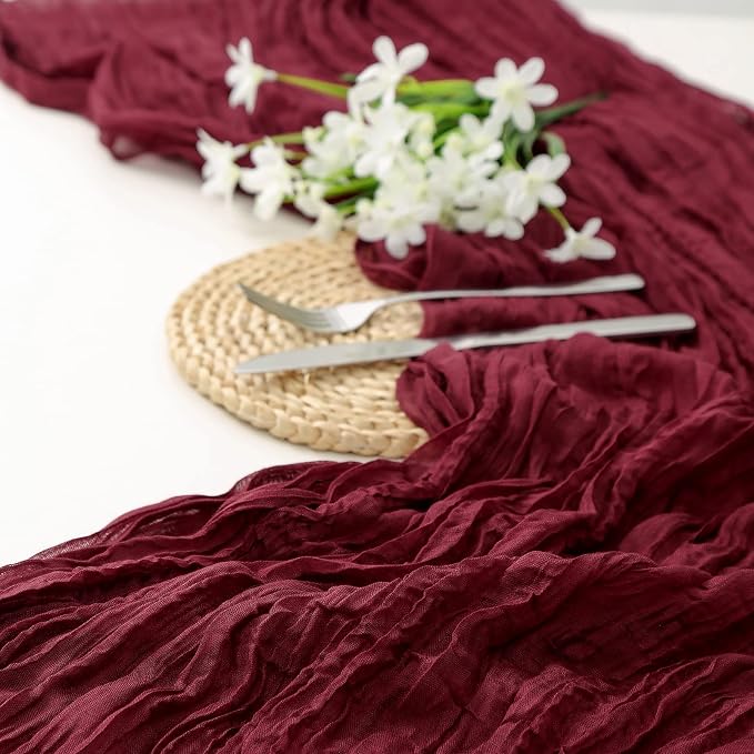 DOLOPL Christmas Table Runner Burgundy Cheesecloth Table Runner 13.3ft Boho - Image 3