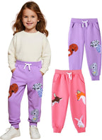 HILEELANG Girls Cotton Joggers Sweatpants Embroidery Drawstring Waist Pockets - Image 2