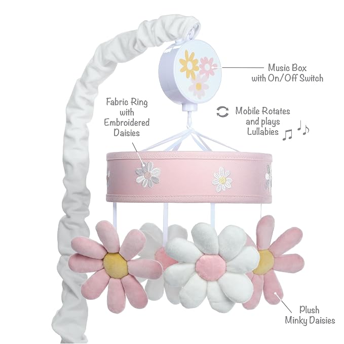 Lambs & Ivy Daisy Dreams Pink/White Musical Baby Crib Mobile Soother Toy - Image 2