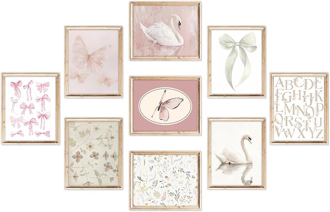 Pink Wall Decor Paintings Set Of 9, Cute Preppy Bow Swan Posters Prints Pictures by Unknown