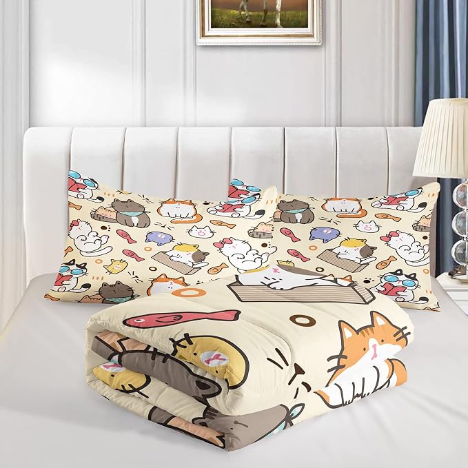 QOOMO Kawaii Cat Comforter Queen, Kawaii Animals Comforter Set - Image 4