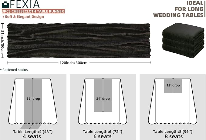 FEXIA 3 Pack Black Cheesecloth Table Runner 30x118 Inches Rustic Boho Gauze - Image 2