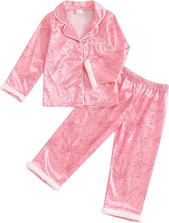 fyclemt Toddler Baby Girl Satin Pajama Set Feather Trim Long Sleeve Button by Unknown
