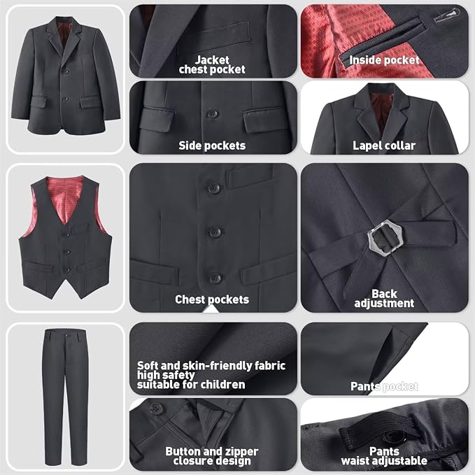 Boys Suit 4 Pcs Slim Fit Set Casual Suits Wedding Outfit Prom Jacket Vest Pant - Image 4