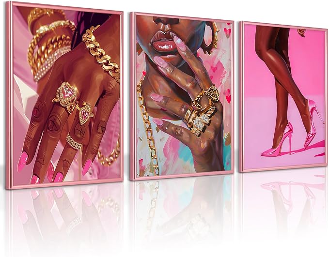 Black Girl Wall Art Pink African Woman Canvas Wall Decor Black Women People Art by Unknown