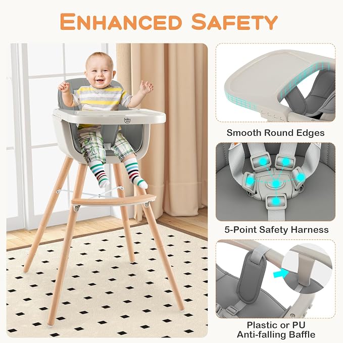 BABY JOY Convertible Baby High Chair, 3 in 1 Wooden Highchair/Booster/Chair - Image 4
