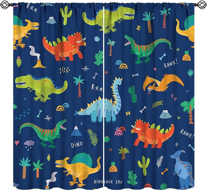 Funny Dinosaur Blackout Curtains Colorful Cartoon Animals Dino Tropical Plant by JADERYS
