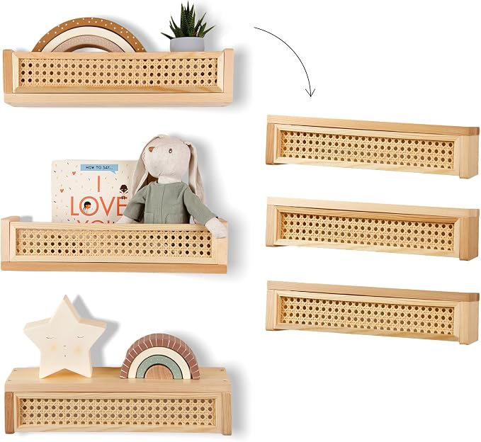 Rattan Wall Shelf – 3 Pack, 16 Inch Floating Shelves by GoodBits