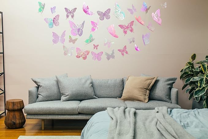 JOSDIOX 3D Butterfly Wall Decor 48 Pcs 4 Styles 3 Sizes, Laser Pink Butterflies - Image 6