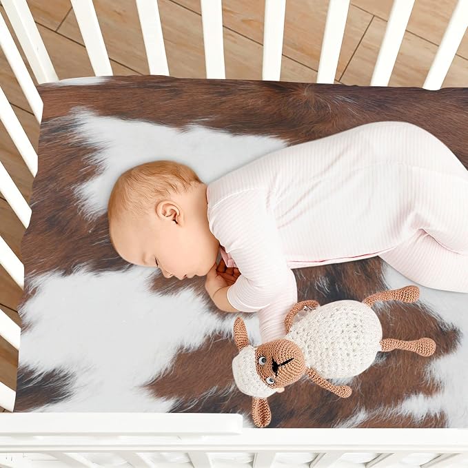White Brown Print Cow Crib Sheets, Crib Sheets - Image 7