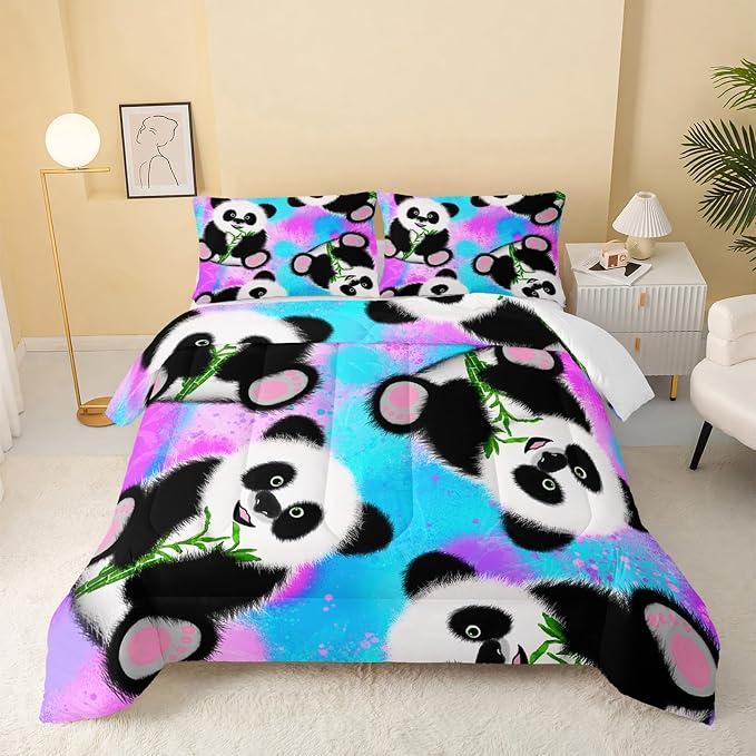 QOOMO Panda Comforter Full Size, Neon Panda Comforter Set by QOOMOHOME
