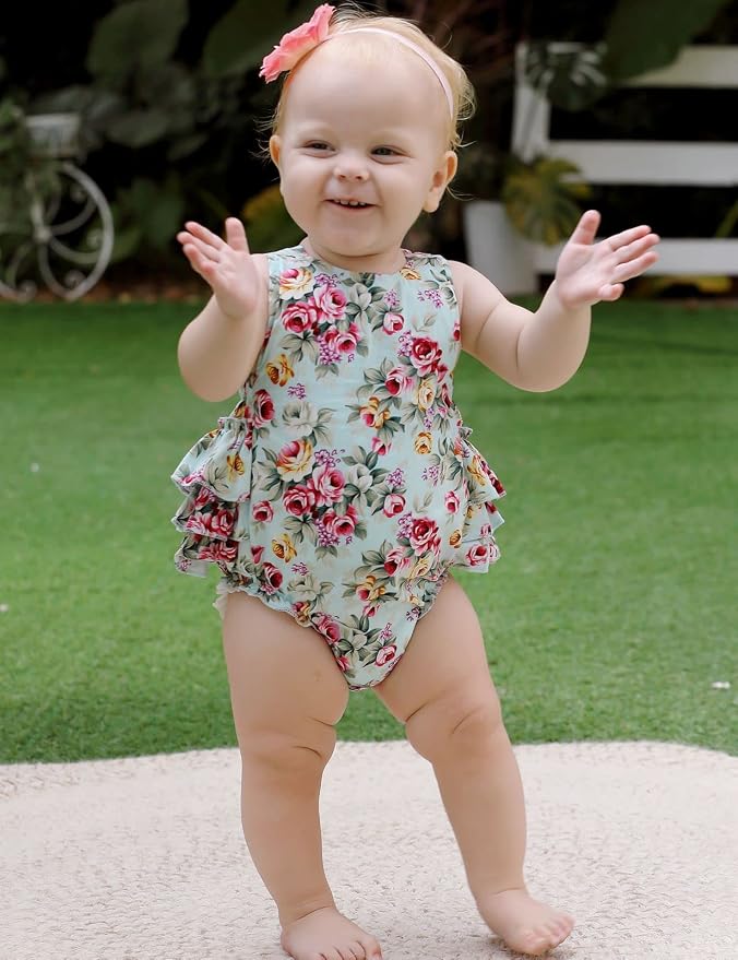 Baby Girl's Floral Print Ruffles Romper Summer Clothes - Image 2