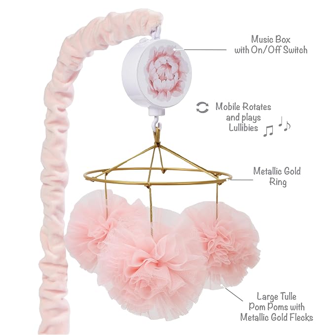 Lambs & Ivy Secret Garden Pink Pom Pom Musical Baby Crib Mobile Soother Toy - Image 4