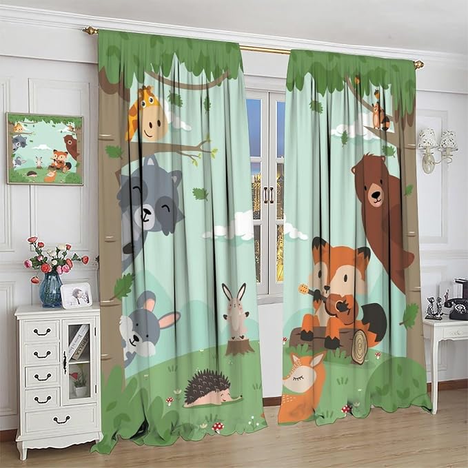 Forest Animals Curtains Colorful Forest Cartoon Cute Fox Bear Giraffe - Image 4