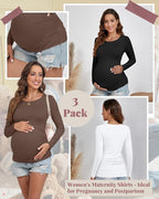 Ficerd 3 Pack Women's Maternity Shirts, Long Sleeve Side Ruched Pregnancy Tee - Image 3
