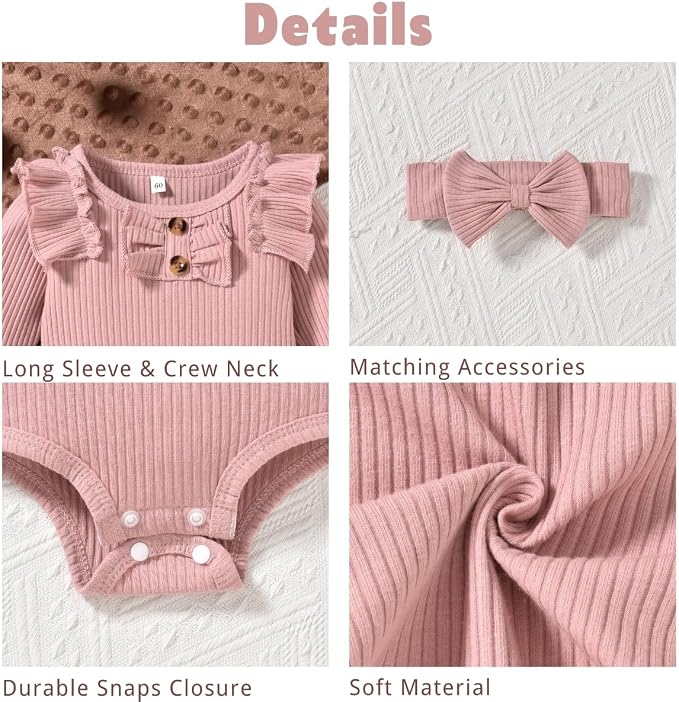 Aalizzwell Preemie Newborn Infant Baby Girls Clothes Ribbed Bodysuit Pants Set - Image 2